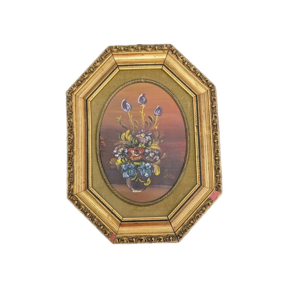 Italian Floral Oil Painting Oval Gold Gilt Frame Signed Still Life Dipinto